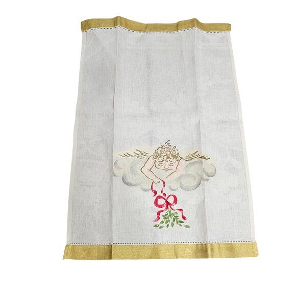 Christmas Angel Handpainted Linen Tea Towels set/4 gold trim cherub holiday desi - Picture 5 of 8